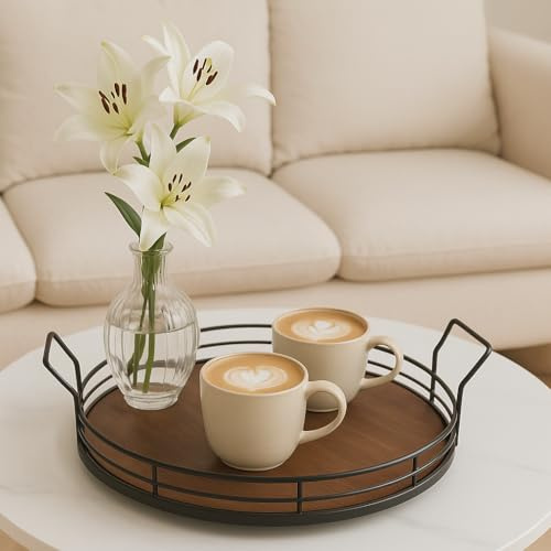 Eden & Willow Round Metal Serving Tray with Wooden Base, 34cm Diameter, Decorative Coffee Table Centerpiece, Kitchen Organiser, Tea Breakfast Display, Bathroom Vanity Holder, Home Decor