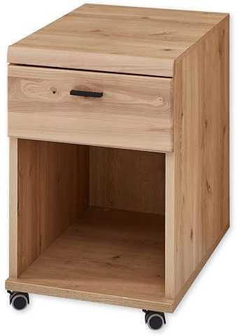 Rollcontainer Schreibtisch Altesche Massiv Old Artisan Oak Optik | 44 x 67 x 58 cm (B/H/T), mobil mit 2 Bremsrollen, Schublade, offenes Fach, FSC-zertifiziert, Büroschrank