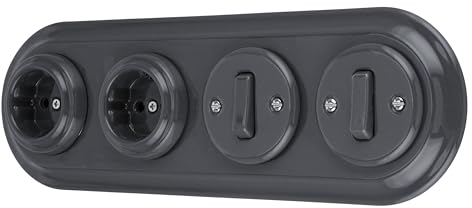 Unterputz Porzellan Retro Steckdose, Schalter, 4-fach, All-in-One, SET Serie PR1 dunkelgrau