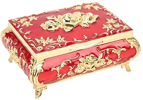 Focket Vintage Jewelry Box, Glossy Exquisite Small Enameled Rose Relief Design Jewelry Trinket Organizer, Trinket Box Earring Ring Necklace Storage Decorative Keepsake Box (golden red)