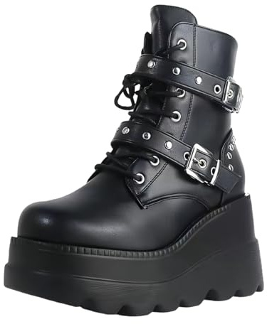 FQLGJMY kvinnor gotiska chunky plattform kilar ankelstövlar med kedja hjärta nitar punk mid-calf motorcykel stövlar rund tå dragkedja kilar höga klackar rave spänne tjock sula riddarstövlar, Dubbla
