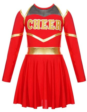 CNYUON Cheerleading, kostymer, uniform, långärmad, dansklänning med hand blommor huvudbonader randiga strumpor för scenframträdande för Cheerleading, klänning (röd, 14)