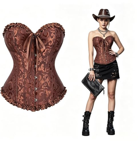 SilverChry Corset Mujer, Corpiños Mujer, Corset Reductor Top Fajas, Bustier Corsé Cortesano Overbust Gótico Ropa Carnaval Disfraz Pirata Bandeau (FR/ES, Letras, L, Regular, Regular, Marrón)