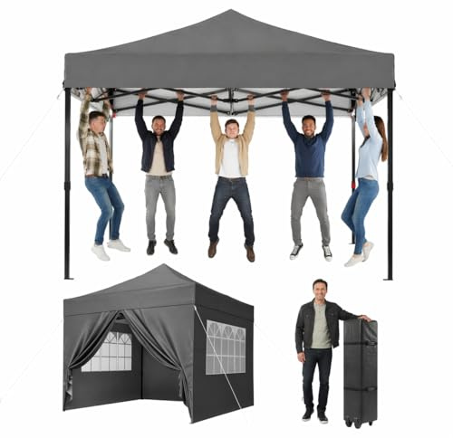 Aoxun Faltpavillon 3x3m Wasserdicht Stabil, Pop Up Pavillon mit Seitenwänden, UV-Schutz 50+ Gartenzelt Inkl. Rolltasche, Sandbags, Partyzelt Fuer Camping, Strand, Hochzeit und Outdoor Shelter, Grau