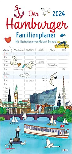 Der Hamburger Familienplaner 2024. Familienkalender mit 5 Spalten. Witziger Familien-Wandkalender mit Schulferien. Hamburg Kalender 2024.