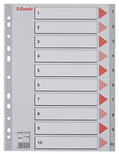 Esselte Register, A4, 1–10, 11 Hål, Polypropen, Grå/Röd, 100105