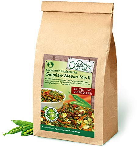 ORIGINAL LECKERLIES: Gemüse-Wiesen-Mix II 1kg, ****Premium Qualität*** – getreidefrei – artgerechtes Nagerfutter für Kaninchen, Meerschweinchen, Hamster, Chinchilla, 100% Natur mit Gemüse und Kräutern