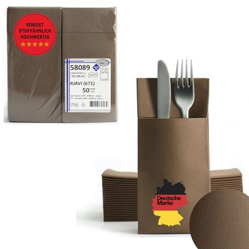 AROBA 100 Stück Vorgefaltete Airlaid Besteckservietten - 39x40 cm Stoffähnliche Einweg-Bestecktaschen mit Serviette, Robust & Besonders Saugstark - für Catering, Events, Hotel & Party - Braun