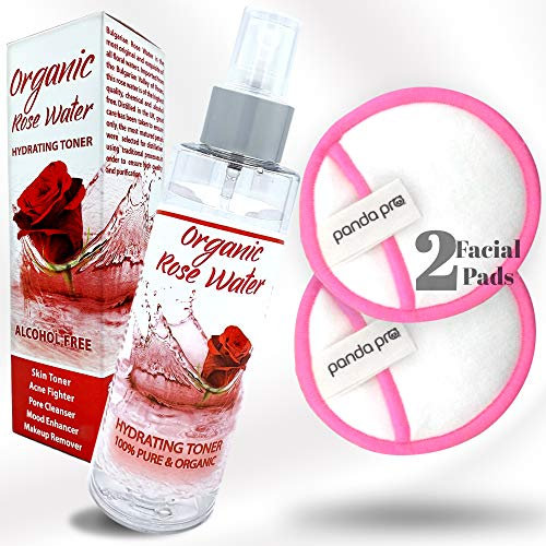 AL HOOR Organic Rose Water Face Toner Mist Spray (150ml) for Soothing Irritation Firming and Balancing Oily Skin + Two Premium Reusable Bamboo Cotton Pad - Alcohol Free Non-GMO Vegan Cruelty Free