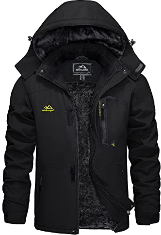 KEFITEVD Winterjacke Herren Warm Softshell Jacke Wasserdicht Snowboardjacke Gefüttert Kapuzenjacke Thermo Outdoorjacke für Snowboard Ski Männer Schwarz L