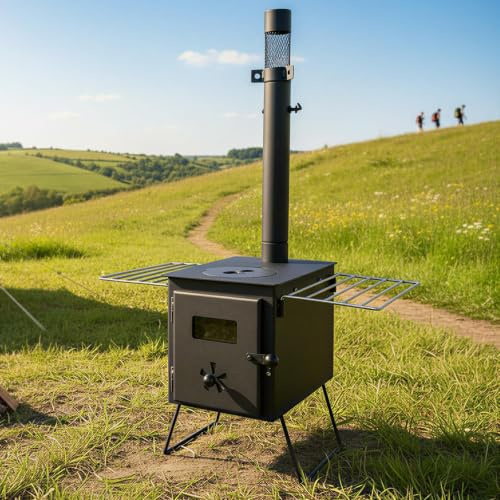 RoyalFire Pandora Portable Firebox Tent Stove in Black - Compact Wood Burning Camping Stove with Chimney Pipe, Outdoor Cook & Heat Solution for Tents, Cabins & Hiking Trips