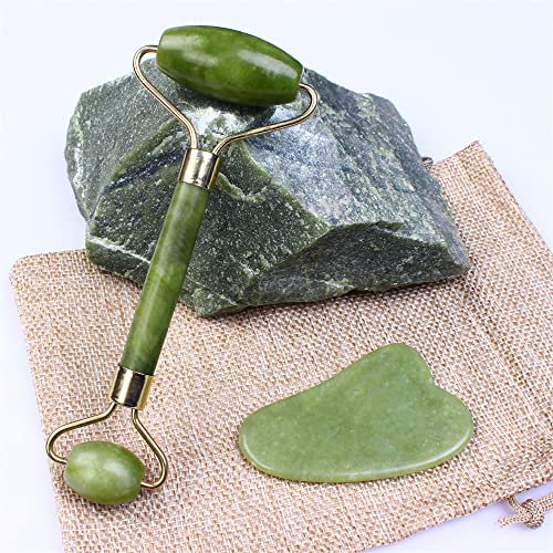2 Stück Jade-Gesichtsroller mit GuaSha Stein Jade-Roller Massageroller mit GuaSha Schaber 100% Naturstein grün für Kinn Nasenbrücke Augen Nacken Wange Rücken Spa Augenmassage geräuschloses Design