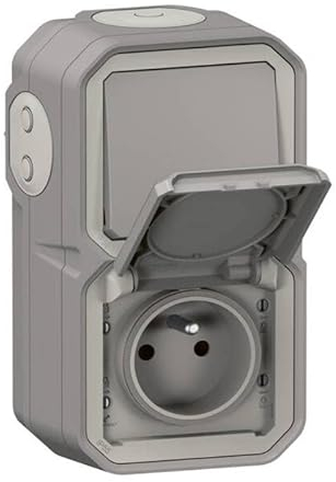 Legrand - Die wasserdichte Plexo-Steckdose und der Zweiwegeschalter für die vertikale Installation werden komplett zur Montage in sichtbarem Grau geliefert