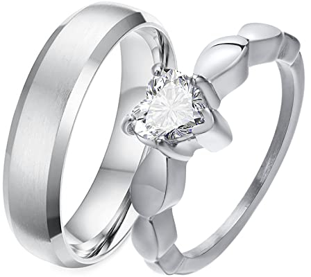 Paar Ringe Edelstahl mit Gravur, Verlobungsringe Silber Paar Gravur 6MM Gebürstet Herz Zirkonia Freundschaftsringe Paar Gravur Damen Gr. 52 (16.6) & Herren Gr. 67 (21.3)