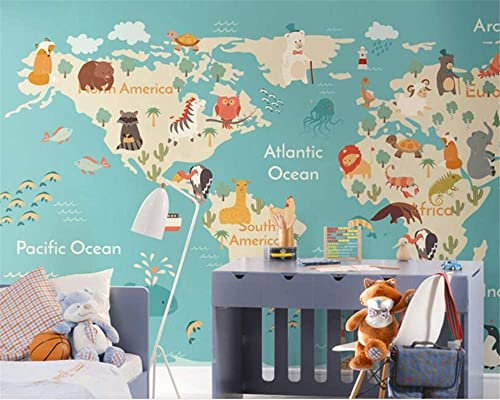 Photo Mural Wallpaper for Wall 3D Cartoon Animal World Map Wall Paper Roll Kid's Room Living Room Fresco Wall Covering 3D Wall Posters Peel and Stick Self-Adhesive Wall Art, 350x256 cm
