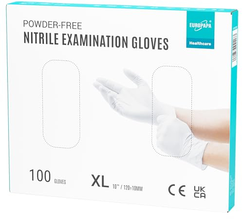 EUROPAPA® Disposable Nitrile Gloves White Box of 100 Disposable Gloves Examination Gloves Nitrile Gloves Powder-Free Latex Free Non-Sterile Latex-Free Disposable Gloves (XL, White)