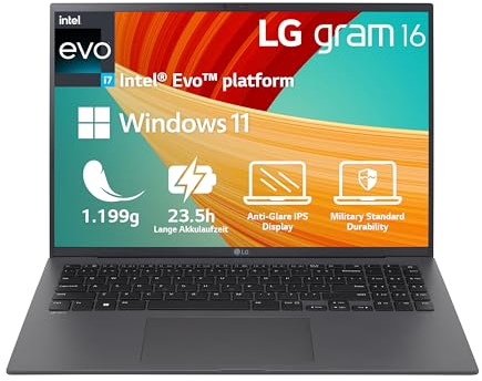 2023 LG gram 16 Zoll Ultralight Notebook - 1.199g Intel Core i7 Laptop (16GB RAM, 512GB SSD, 23,5h Akkulaufzeit, 16:10 Entspiegeltes IPS-Display, Thunderbolt 4, Win 11 Home, Mirametrix) - Grau