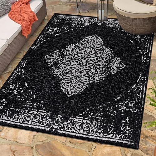 Carpetsale24 In & Outdoor Teppich Wetterfest Vintage Design Schwarz 240 x 340 cm - Waschbarer Küchenteppich Wesserfest Flachgewebe Teppiche für Balkon Terrasse Küche Wohnzimmer