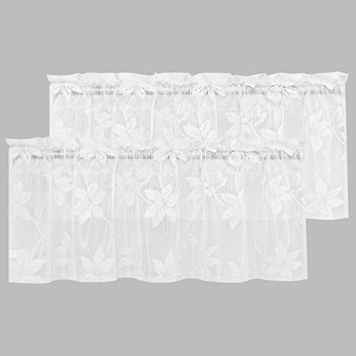 DWCN 2 Pack White Floral Lace Valances for Kitchen - Rod Pocket Half Window Sheer Curtains for Small Window Living Room Cafe, 42 x 12 inch, Lace White