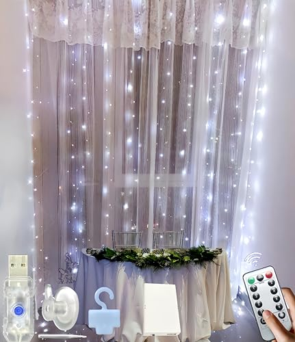 Amening 3mx3m Lichtervorhang,300LED PVC Lichterkettenvorhang USB 8 Modi Lichterkette mit 10 Haken,IP65 Wasserdicht Lichtervorhang Innen Außen Deko für Valentinstag,Ramadan,Hochzeit,Weihnachten