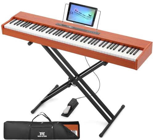 MUSTAR Digital Piano 88 Weighted Keys with Stand, Full Size 88 Key Piano Keyboard Weighted, Electric Keyboard Piano, Bluetooth Connection, Case, Sustain Pedal (Brown, Touch-response Key)