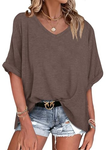 WNEEDU Tee Shirt Oversize Femme Col V été Haut Femme Manches Courtes Chemisier Top été Décontractée Léger et Aéré Grande Taille Café Foncé XXL