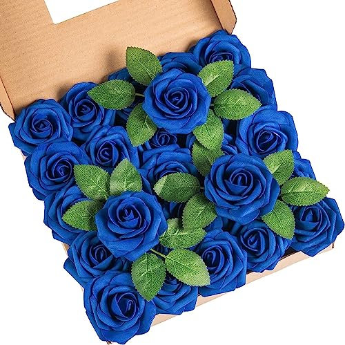 25Pcs Artificial Flowers Roses, Real Touch Foam Roses with Stems for Wedding Bridal Bouquet, Mother's Day, Valentine's Day, Home Decoration, Anniversary, Party Decorations (Dark Blue)