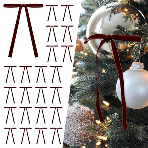 SIMISI Ribbon 24 Stück Samt-Weihnachtsbaumschleifen, Türgirlande, Dekoration, Vintage-Kranz, Schleife (1,9 cm breit, 12,7 x 17,8 cm)