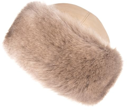Futrzane Siberian Mütze mit Fellrand - Fellmütze Damen - Pelz und Leder Hut (M, Sand - Beige Siberian)