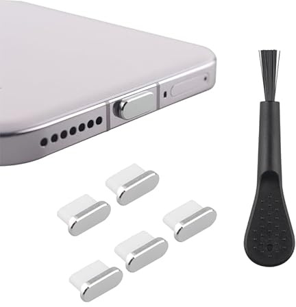 Futheda 5 Pezzi Tappi Anti-Polvere Spine Metallo Tipo C Porta di Ricarica Protettore Tappo Sporco Caso con Spazzola di Pulizia per la Maggior Parte degli Smartphone e Modelli Android USB Argento