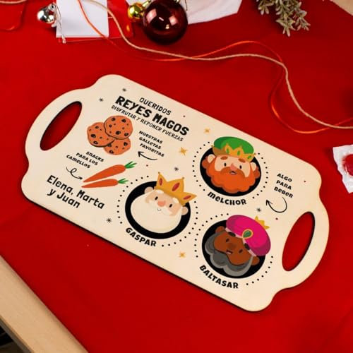 DEREGALOOS Bandeja Navidad Personalizada con Nombre. Diseño de Papá Noel o Reyes. Regalo Original para Niños. Ideal para Desayuno Navideño en Madera Natural (Diseño 2, Rectangular Grande)