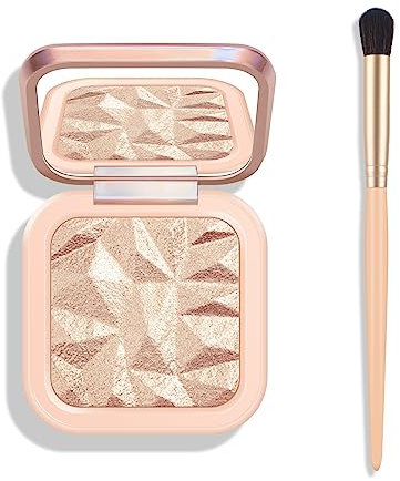 Lilbitty 1 Pièce Palette Illuminateur en Champagne avec Paillettes + 1 Pièce Pinceau Couleur Abricot, Maquillage Brillant pour Éclat Naturel, Éclat Longue Durée pour Visage, Set Maquillage
