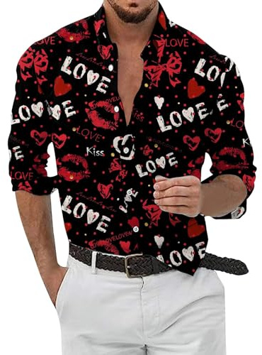 Chemise Homme Saint Valentin - Chemise Rose Homme Revers Manches Longues Chemise Boutonnée sans Repassage Impression 3D Numérique Chemises Casual - Cadeau Saint Valentin pour Homme