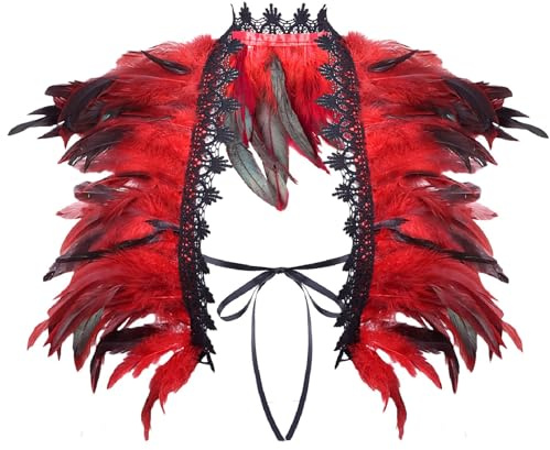 Damen Federumhang Achselzucken Schal Pfau Kostüm Federboa Feather Schal Poncho Spitzenspleißen Kragen Gothic Feder Choker Party Feder Achselzucken Fliege Karneval Federumhang Stola