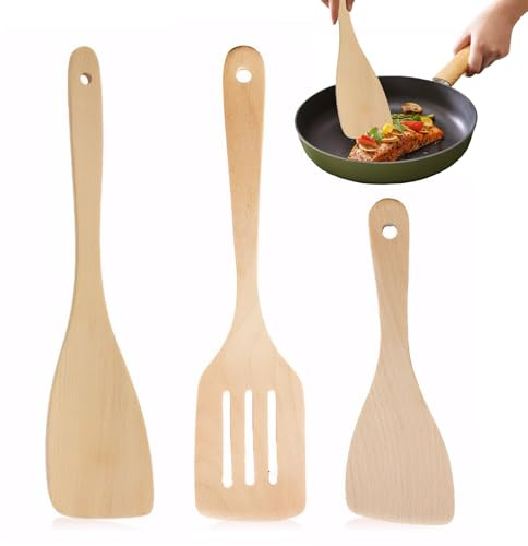 3 Stück Holz Pfannenwender,Kochbesteck Holzspatel zum Kochen,Hitzebeständig Spachtel Pfannenwender Holz,Küchenutensilien mit Holzgriffen,Passend für Antihaftbeschichtete Pfannen