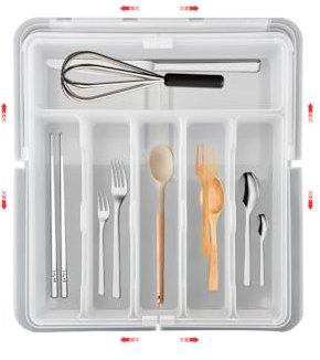 hssopa 2025 Besteckkasten,Schubladen Organizer,Besteckkasten für Schubladen,Küchen Organizer,Verstellbarer Besteckkasten Erweiterbar auf 56 cm Breite (Weiß Nein Messer-Halter)