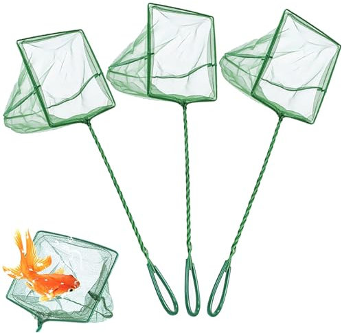 Yuiturt 3PCS Aquarium Fish Net - Small Square Fishing Net Fine Mesh with Long Wire Handle, Fish Tank Nets for Catching Fishes Shrimps or Cleaning Debris(Green)