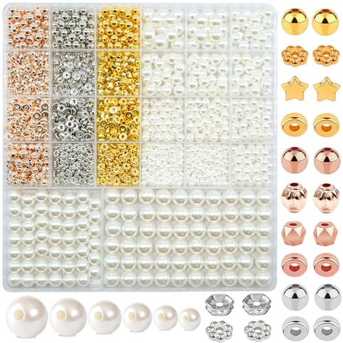 2031 Stück Weiße Perlen Set, 4/6/8/10/12mm Perlen zum Auffädeln, DIY Schmuck Perlen für Armbänder Erwachsene & Mädchen, Unregelmäßige Geformte Bastelperlen für Schmuckherstellung, Feiertage, Partys