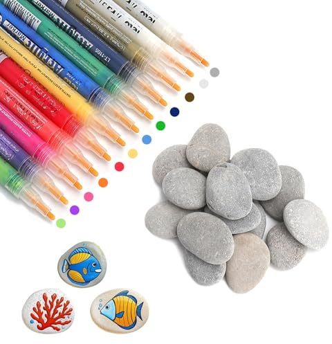 APOMOONS 15pcs Pebbles for Painting, 30-50 mm Painting Rocks with 12 Colour Markers, Stones Rock Painting Kit Grey Flat Pebbles for DIY Arts Crafts Garden Decoration