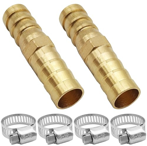 Brass Hose Barb Fittings Repair Kit, 2 pcs 3/8(10mm) Brass Barb Splicer Mender Hose Fitting with 4 pcs Stainless Steel Pipe Clamps for Water/Fuel/Air, Fuel Line Connector Fittings