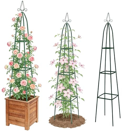 Jesosia 100% Metal Obelisk Trellis for Climbing Plants Outdoor - Heavy Duty Stone Coated Steel Garden Tower Trellis - Tall Sturdy Rustproof Vertical Plant Support for Climbing Vine Vegetables Flowers