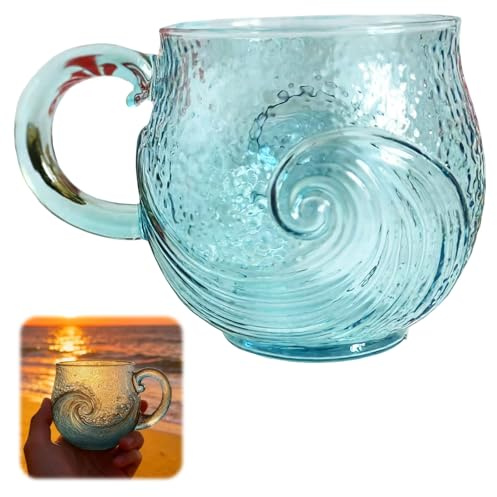 Glass Coffee Mugs, Sea Glass Mugs, 12oz Sea Glassss Wave Mug, Ocean Wave Glasss Mug with Handle, Unique Textured Beach Theme Cup for Coffee, Artistic Blue Seas Glasss Gift for Beach & Ocean Lovers