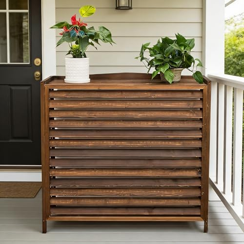 Bois Massif Cache Climatiseur Extérieur Marron Cache Pompe a Chaleur Extérieur Bois Support De Climatiseur Pour Jardins Balcons Support Pot De Fleur Résistant Aux Intempéries Cache Clim(100x44x93cm)