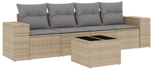 HFXHIJXQ 5-TLG. Gartenlounge Beige Poly Rattan 55 x 62 x 69 cm wetterfestes Loungesofa mit Glas-Tisch und Kissen Modernes Design und Robustheit für Garten Terrasse und kleinen Balkon