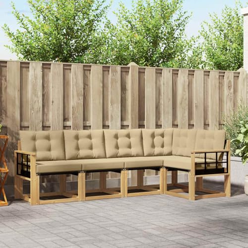 Teenpull Outdoor-Sofagarnitur mit Kissen 5-teilig Weiß Beige, Massives Akazienholz Gartenset mit wetterfesten Kissen, Moderne Sitzgruppe für Terrasse Garten, Komfortables Loungeset mit Armlehnen