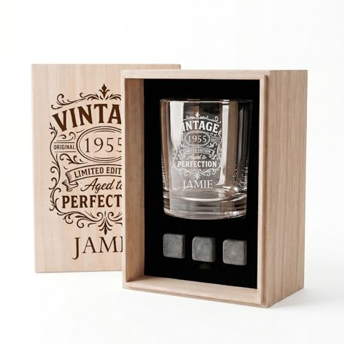 ukgiftstoreonline Personalised Whisky Gift Set with Engraved Tumbler Glass, 3 Reusable Stones and Wooden Presentation Box, for Birthdays