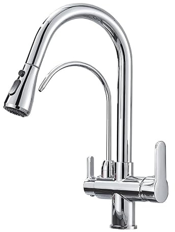 360° Rotating 3-Way Kitchen Faucet with Water Filter Pull-Out Sprayer 2 Spray Modes Chrome Finish –Stylish Perfect for Modern Kitchen Sinks