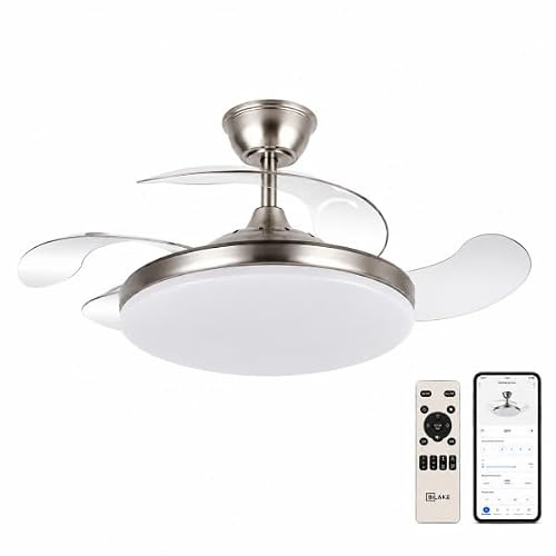 Bilake Ventilador de Techo con Aspas Retráctiles y Luz LED. Motor DC Ultra Silencioso, Bluetooth (App) y Mando, Función Invierno/Verano, Memoria y Regulable Altura (Níquel Liso, 108cm | 50W | 6200lm)