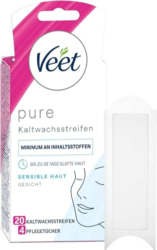 Veet Bandas de Cera Fria Depilatoria para Depilación Facial con Aceite de Almendras y Aroma de Aciano, Easy Gelwax, Pieles Sensibles, 20 Bandas