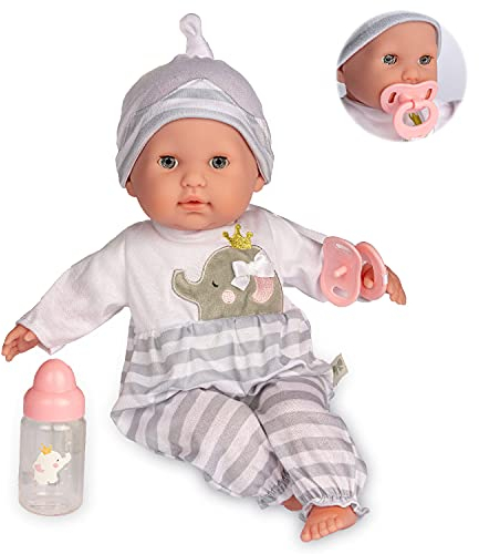 JC TOYS - Bambola Berenguer Boutique con corpo morbido, 38 cm, i suoi occhi si aprono e si chiudono, include abbigliamento e accessori, grigio, progettato da Berenguer, +2 anni